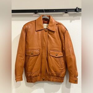Overland Outfitters leather bomber jacket, M. Caramel color with brown contrast​